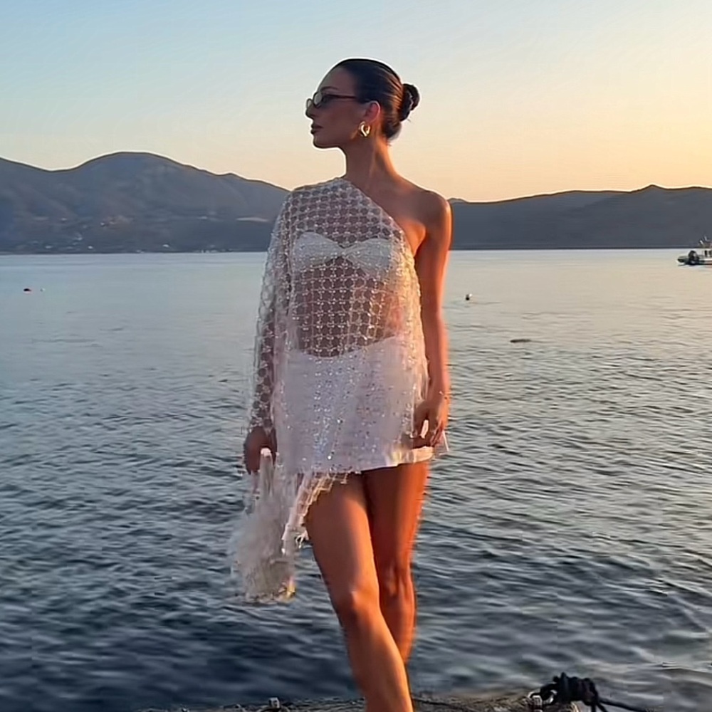 Elegant White Sheer One-Shoulder Top / Cover-Up - Picture 3 of 4